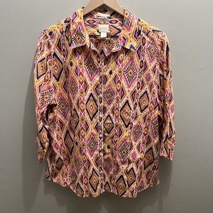 Chicos No Iron 100% Linen Ikat Button Detail Blouse Top Shirt Size 2 Large